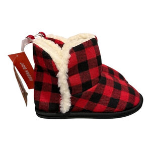 Joe Fresh Slipper Booties Kids Size 9.5 Red Plaid Faux Fur Lined Non Slip